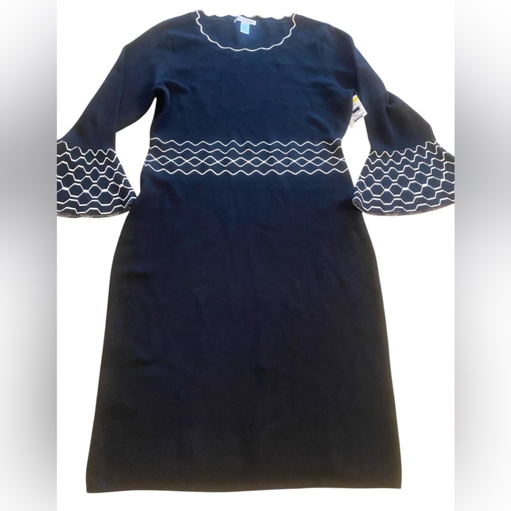 London Times Women’s Midi Knit Dress Tailored Black White Bell Long Sleeve L